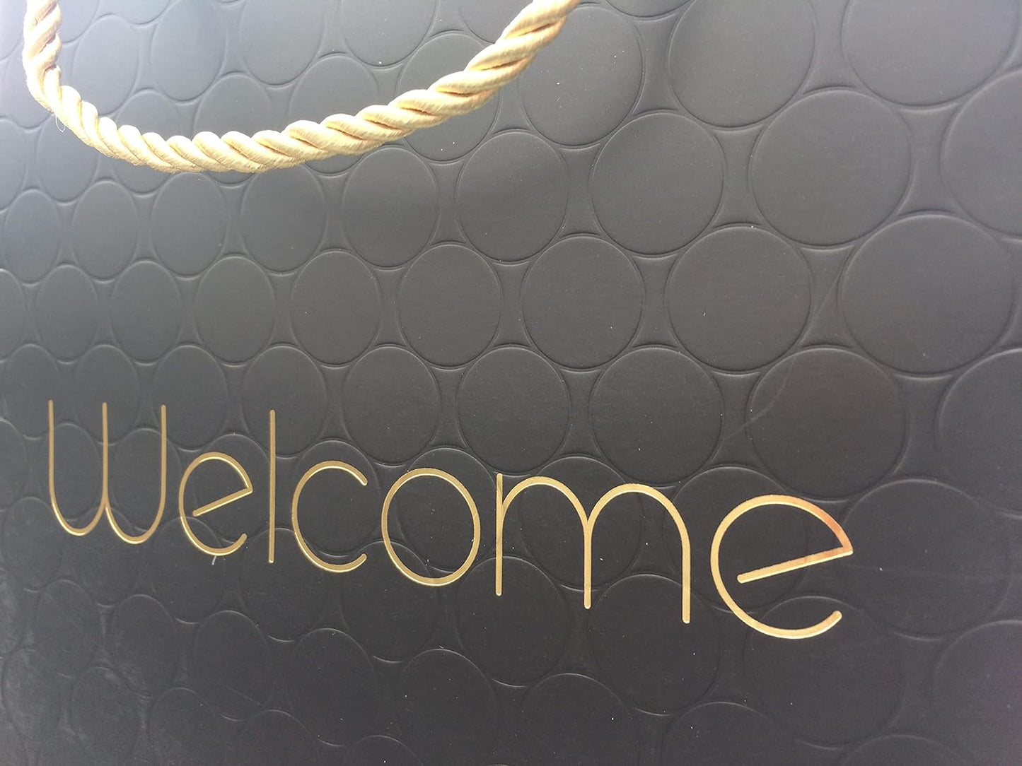 Welcome Gift Bags with Gold Handles 8x5x10 Medium Size, Elegant Hostess or Wedding Premium Black Paper Bag for Guests