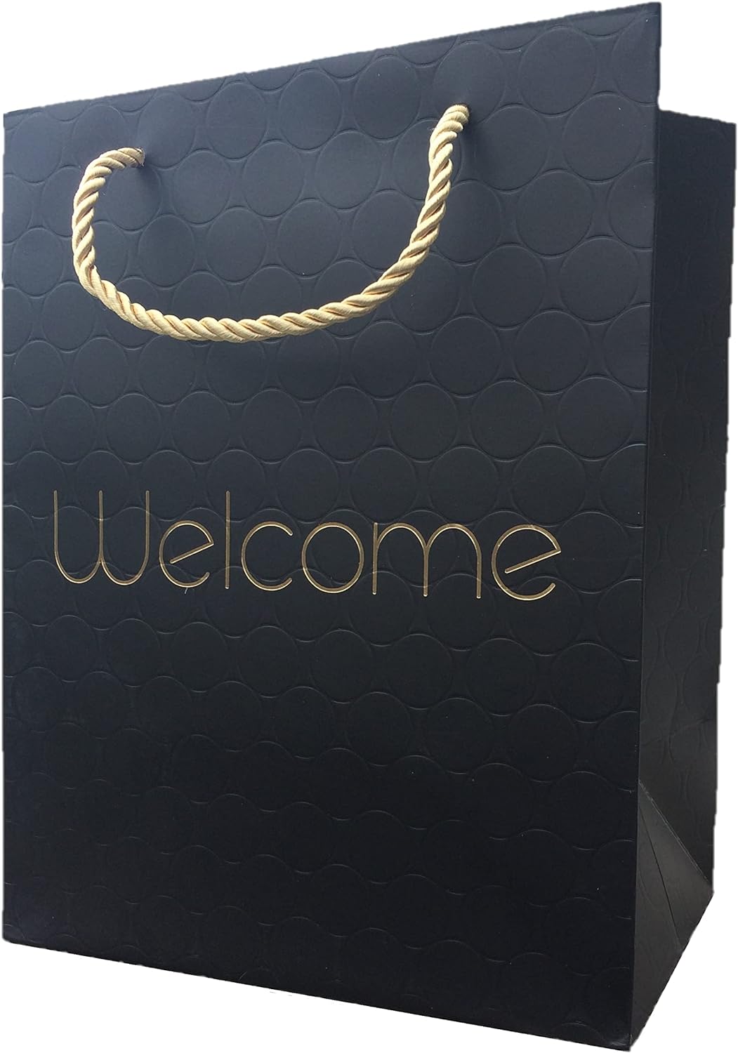 Welcome Gift Bags with Gold Handles 8x5x10 Medium Size, Elegant Hostess or Wedding Premium Black Paper Bag for Guests