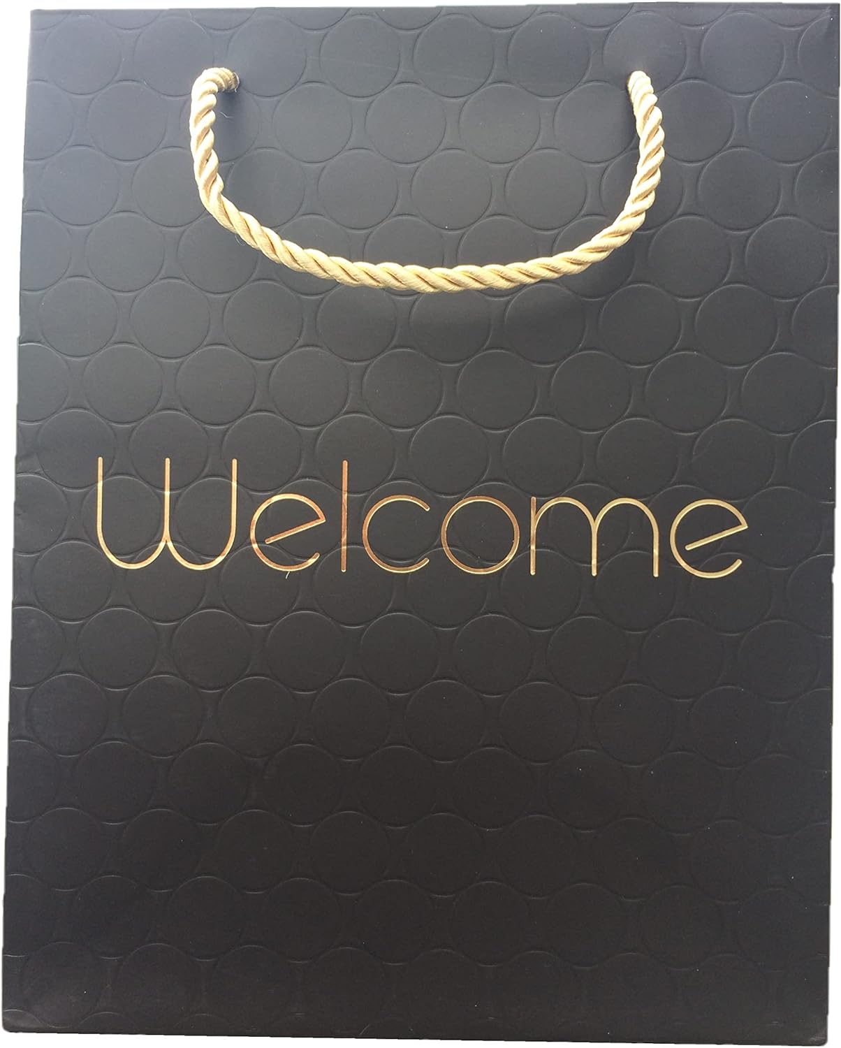 Welcome Gift Bags with Gold Handles 8x5x10 Medium Size, Elegant Hostess or Wedding Premium Black Paper Bag for Guests