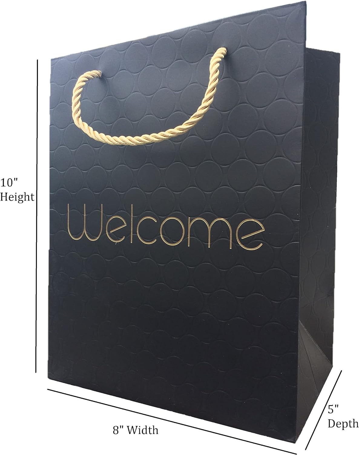 Welcome Gift Bags with Gold Handles 8x5x10 Medium Size, Elegant Hostess or Wedding Premium Black Paper Bag for Guests