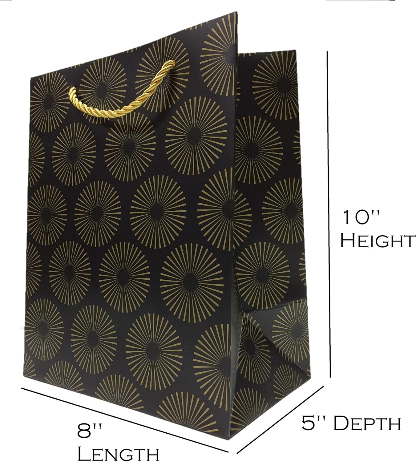 Black and Gold Gift Bags with Handles 8x10 Medium Size 12 Pack Starburst Design Paper Present Bags 8x5x10 Modern Fancy Cute Luxury Matte
