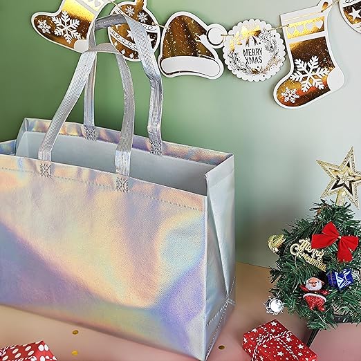 Reusable Extra Large Gift Bags - 16x12 Iridescent Shiny Holographic Boutique Bags with Handles - XL Gift Bags - Perfect for Small Business 16x6x12nches - Eco Friendly