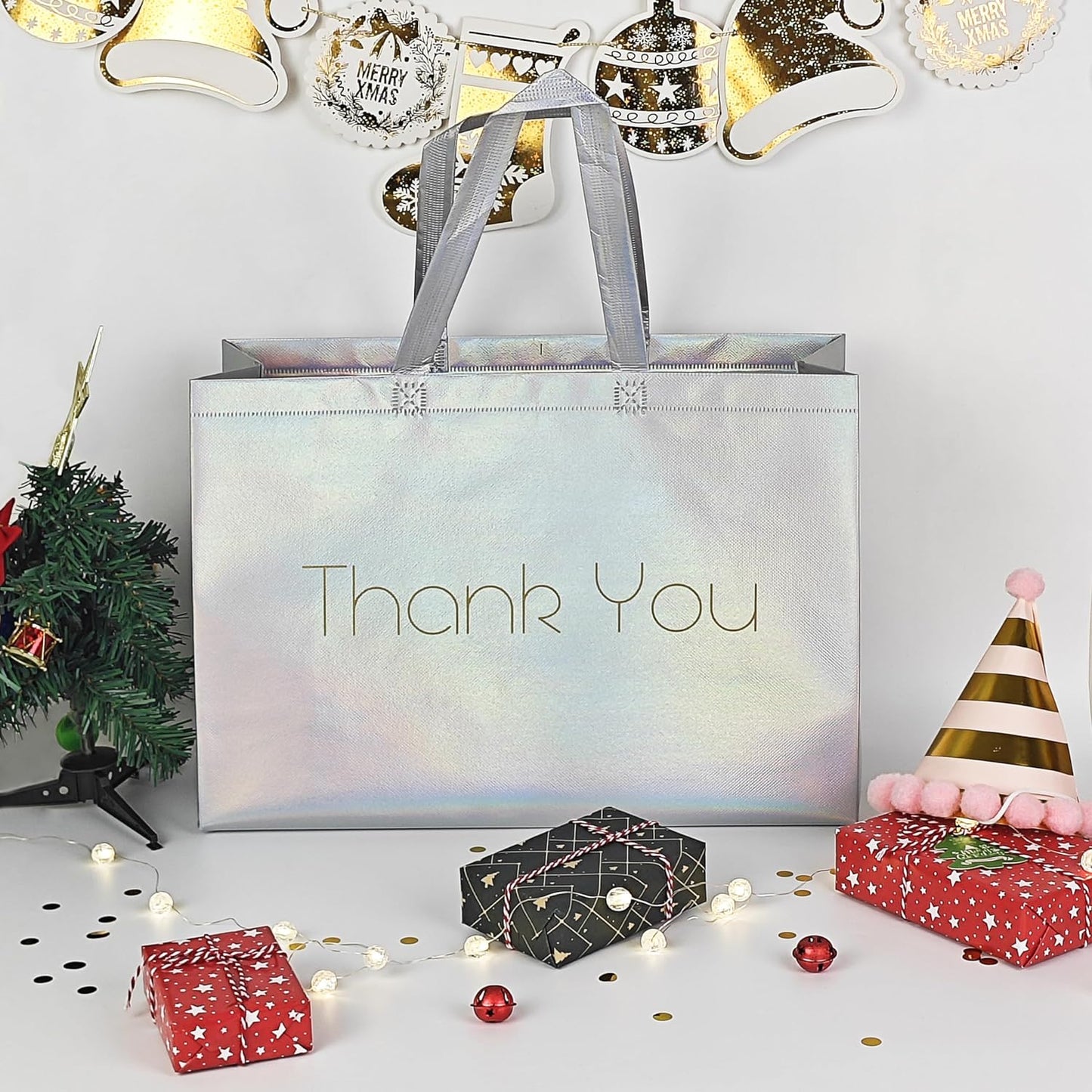 Extra Large Thank You Gift Bags - Set of 24 Bags - 16x12 Inches -Reusable Iridescent Shiny Holographic Boutique Bags With Handles - XL Gift Bags - Perfect for Small Business 16x6x12